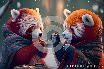 Two red pandas drink coffee in winter. Generative AI, Generative, AI Stock Photo