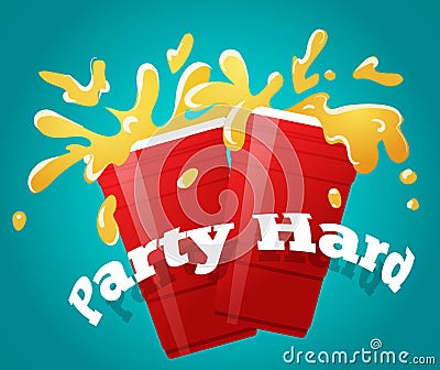 Two red party cups with a splashing beer, cheers Cartoon Illustration
