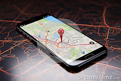 Two red pointers on smartphone map screen indicating a specific route Stock Photo