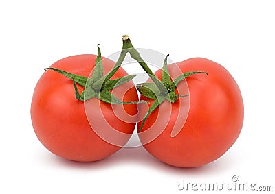 Two red ripe tomatoes tied together by a green stalk Stock Photo