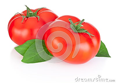 Two red tomatoes and leaves isolated on white Stock Photo