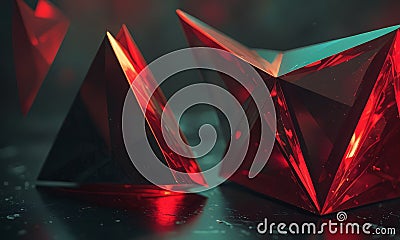 Two red triangular sculptures with reflective surfaces are arranged diagonally on dark surface, creating Stock Photo