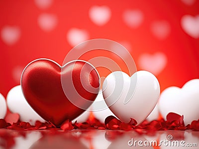 Two red and white valentines hearts surrounded by small red hearts Stock Photo
