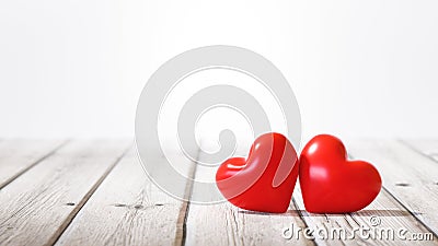 Two Red Wooden Hearts On Rustic Table - Valentines Day, Mothers Day Concept with Copy Space - 3D-Illustration Stock Photo