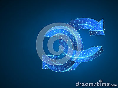 Two Refresh circular arrows symbol. Wireframe digital Abstract Vector polygonal neon 3d. Low poly, repeat, refresh Vector Illustration