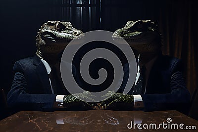 two reptile men in business suits sitting at the table in dark room, secret world government concept Stock Photo