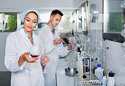 Two researchers in white coat checking wine acidity in laboratory Stock Photo