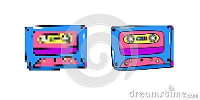 Retro audio tapes with bright colors and unique patterns on display with equal prominence Vector Illustration