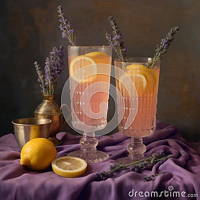 Two Ribbed Glasses of Lavender Lemonade. AI Stock Photo