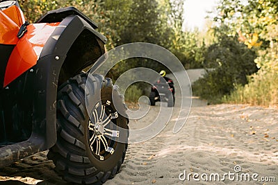 Two riders on quad bikes having offroad adventure Stock Photo