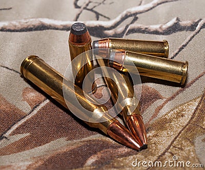 Two different types of bullets, handgun and rifle Stock Photo