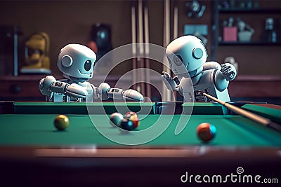 two robot friends playing pool billiard table game together, Generative AI Stock Photo