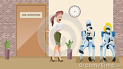 Two Robot Wait Job Interview in Office Corridor Vector Illustration