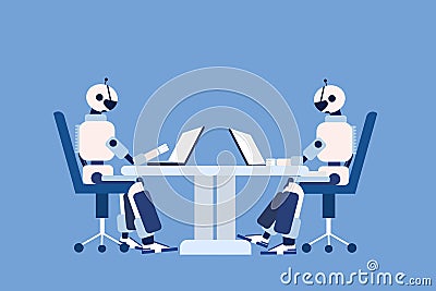 Robots sitting on chairs and working on their laptops Vector Illustration