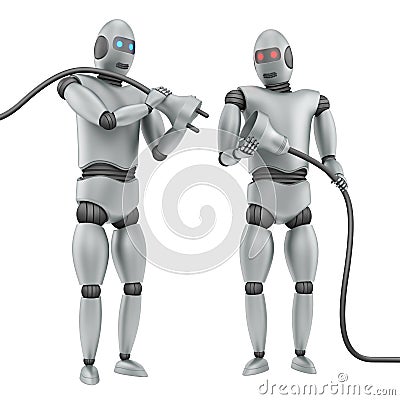 Two robots connecting cables Stock Photo