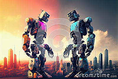 two robots of different colors, in confrontation on the city skyline Stock Photo