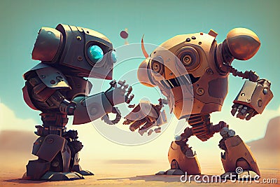 two robots, each with unique personalities and characteristics, interact in friendly battle Stock Photo