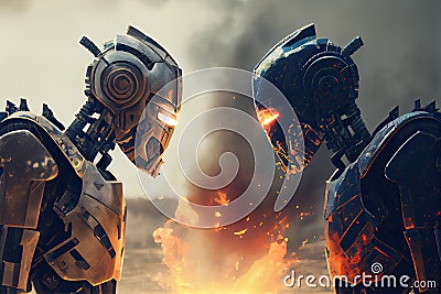 two robots, fighting each other in epic battle for the future of humanity Stock Photo