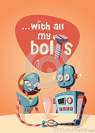 Two Robots In Love Are On Date With Cartoon Illustration