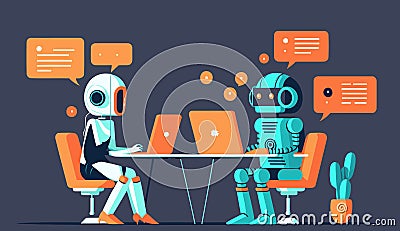 Two Robots in an Office Using Computers and Chatting Vector Illustration