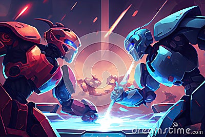 two robots, one red and one blue, battle each other in a futuristic arena Stock Photo