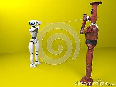Two robots with tin can phones. 3d render Stock Photo