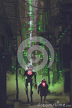 Two robots walking in narrow alley Cartoon Illustration