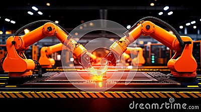 Two robots working on a cnc machine in a factory Stock Photo