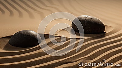 two rocks on sand with a wave pattern ,Japanese zen garden wallpaper Stock Photo