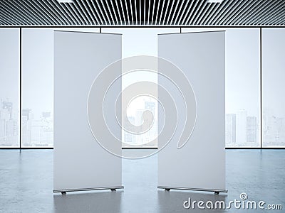 Two roll up banners at office. 3d rendering Stock Photo