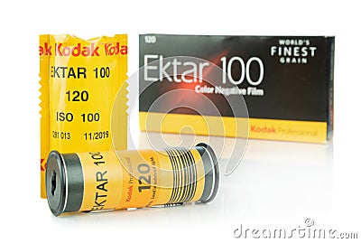 Two rolls of Kodak Ektar 120mm film and box Editorial Stock Photo