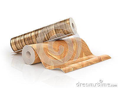 Two rolls of linoleum with wood texture. Cartoon Illustration