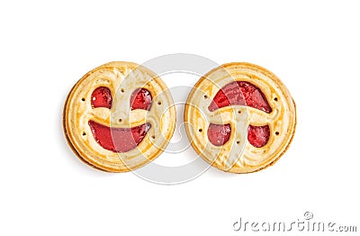 Two round biscuits smiling faces, humorous sweet food, isolated Stock Photo