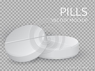 Two round pills close-up lying on top of each other Vector Illustration