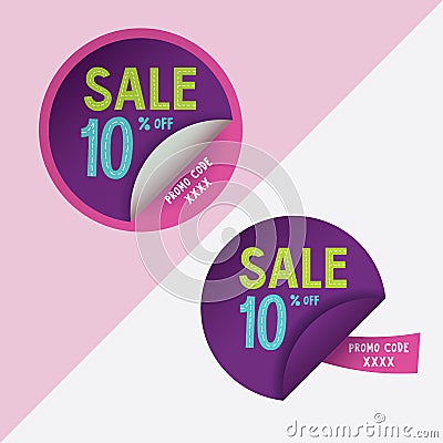 Two round stickers with 10% discount and promo code for web site Vector Illustration