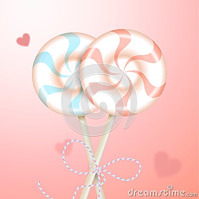 Two round striped pastel pink and blue color lollipops with decorative ribbon and blurred hearts. Couple candies on Vector Illustration