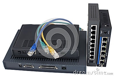 Two routers, LAN cables and two modems Stock Photo