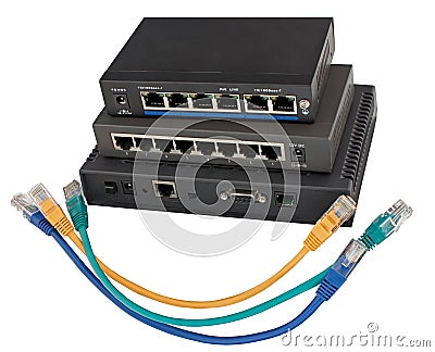 two routers, LAN cables and two modems Stock Photo