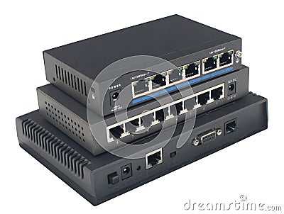 two routers and two modems n a white Stock Photo