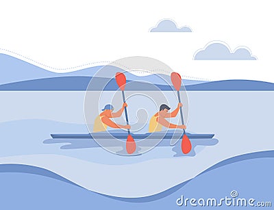 Two rowers swim in a boat. Vector Illustration