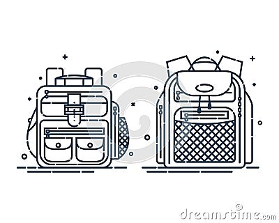 Two rucksack or schoolbags with pockets and zipper element. Education backpack for students and traveling icon. Tourism bag. Front Vector Illustration