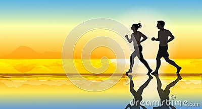 Two runners on the beach, silhouette of people jogging at sunset, healthy lifestyle background Vector Illustration