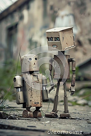 Two rusty, retro-styled robots stand on a paved surface in front of an old, abandoned building. The larger robot looks Stock Photo