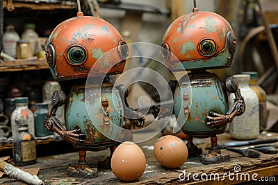 Two rusty robots standing together, surrounded by various tools. Stock Photo