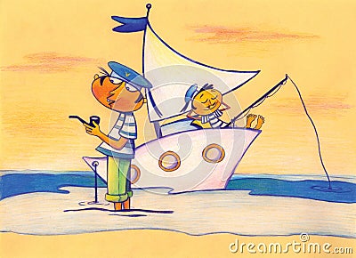 Two sailors by the sea and ship Stock Photo