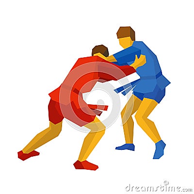 Two sambo fighters in blue and red. Martial arts Vector Illustration