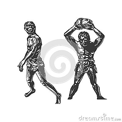 Two savages, Neanderthal men with stone. Graphic hand sketch. Vector Vector Illustration