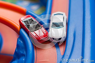 Two scale model toy cars accident on the road. Traffic jam. Stupidity. Stock Photo