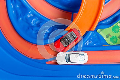 Scale model toy cars accident on the road. Traffic jam. Stupidity. Top view. Stock Photo