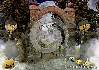 Two scarecrows with a Halloween pumpkin head in the entrance of a creepy cemetery. Stock Photo